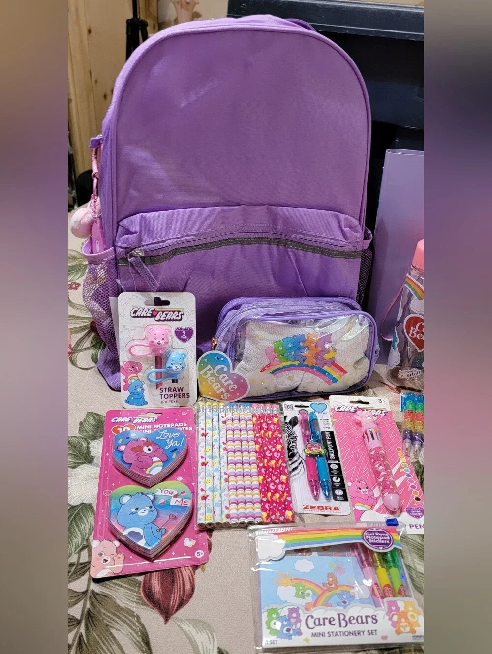 819-Care Bears Pink and Purple School Supplies Backpack Set